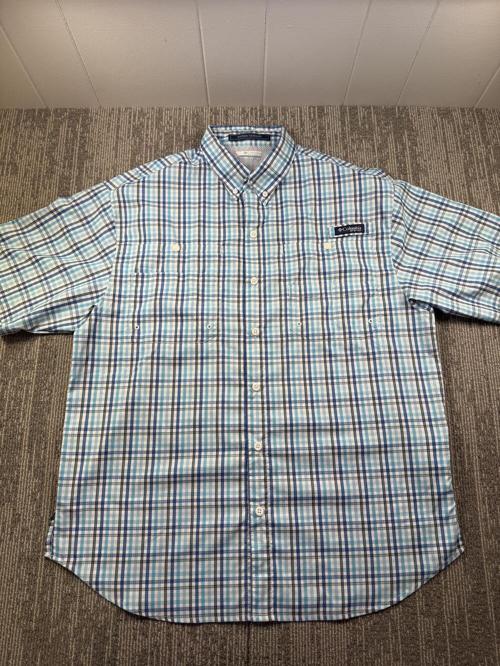 Columbia PFG Super Tamiami Shirt Mens XL Blue Plaid Short Sleeve Vented Fishing